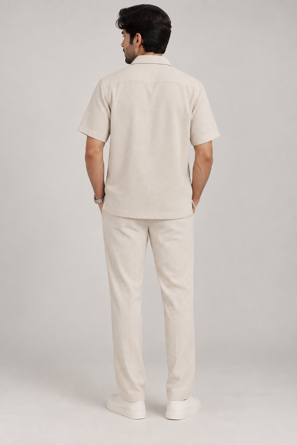 Beige Waffle-Knit Casual Shirt