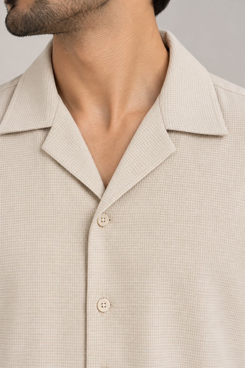 Beige Waffle-Knit Casual Shirt