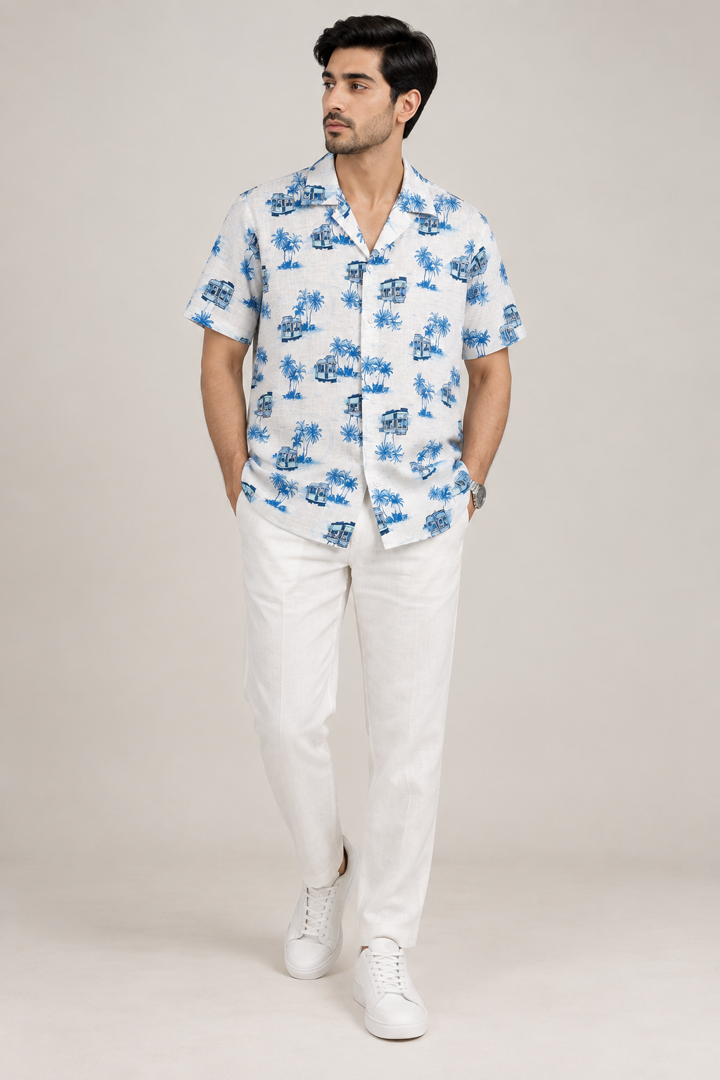 White Beach Print Casual Shirt