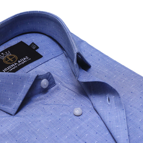 Formal Blue Shirt with Self Diamond Design – Jacquard Fabric