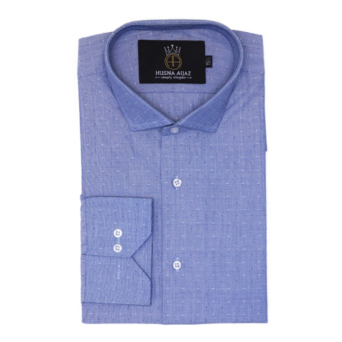 Formal Blue Shirt with Self Diamond Design – Jacquard Fabric