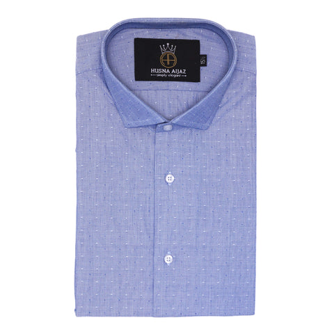 Formal Blue Shirt with Self Diamond Design – Jacquard Fabric