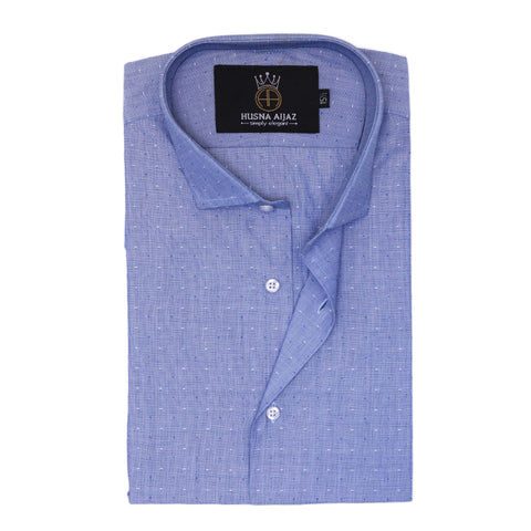 Formal Blue Shirt with Self Diamond Design – Jacquard Fabric