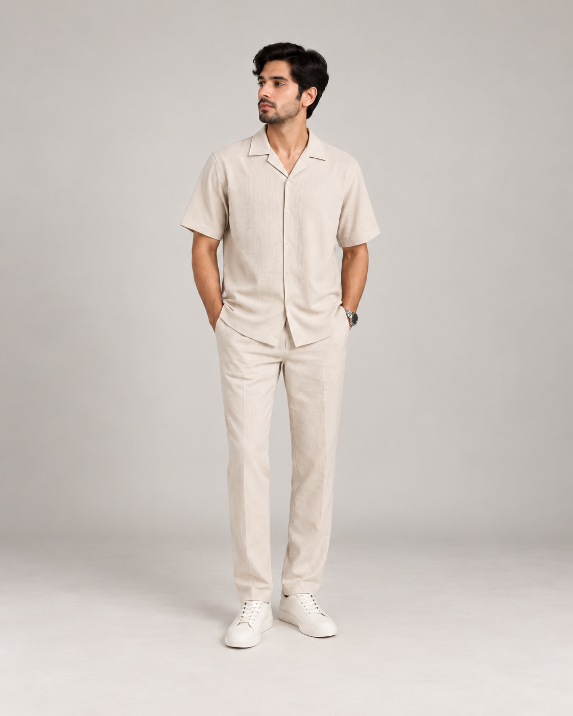 Beige Waffle-Knit Casual Shirt full-body product image