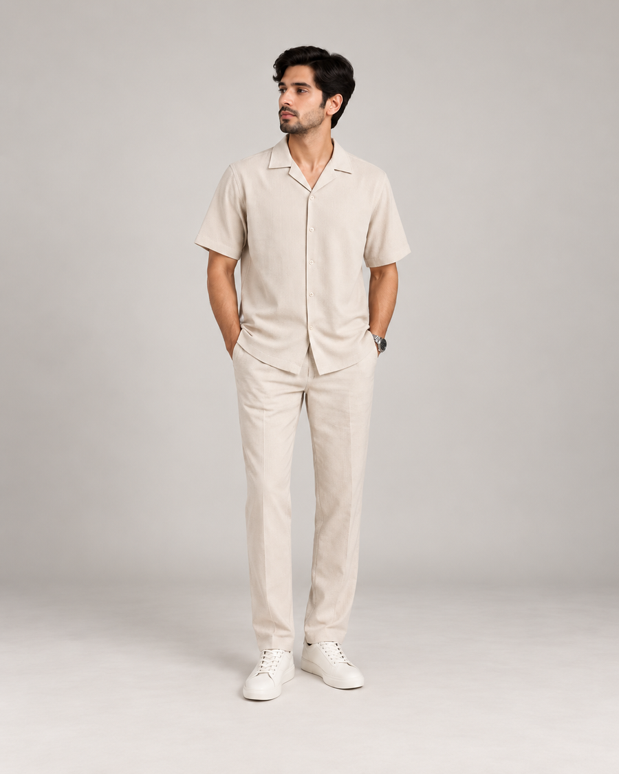 Beige Waffle-Knit Casual Shirt full-body product image