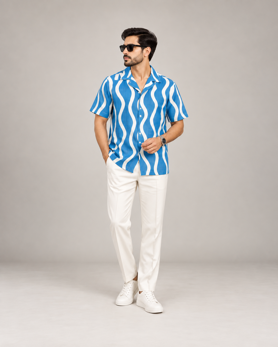 Blue & White Wave Stripe Casual Shirt full-body product image