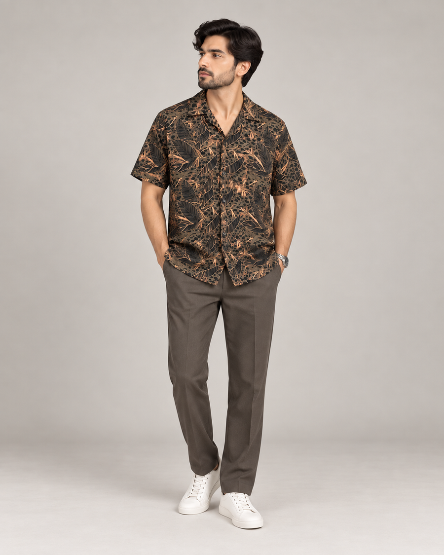 Brown Safari Print Casual Shirt — full-body 4:5 product image