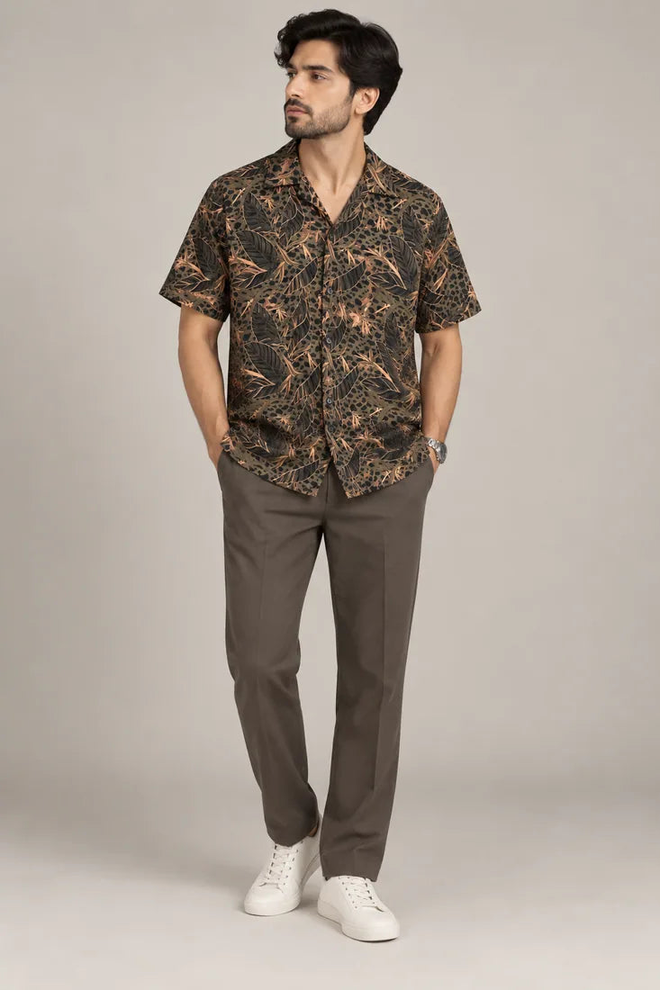 Brown Safari Print Casual Shirt full-body image