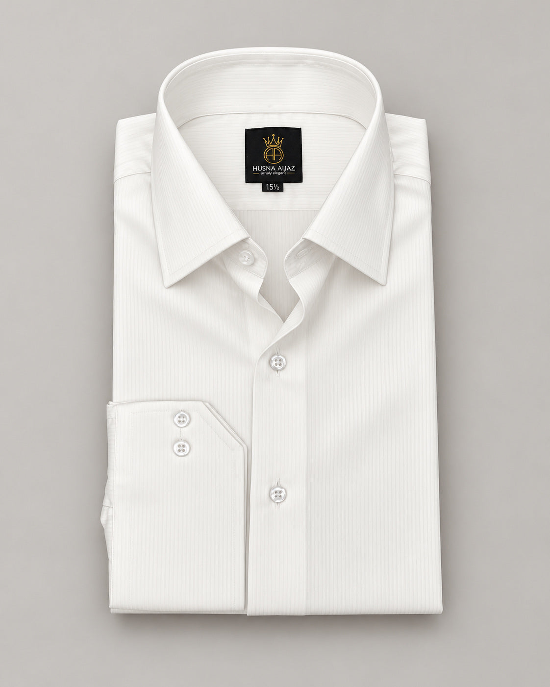 HUSNA AIJAZ Royal Herringbone Stripe white formal shirt – front view