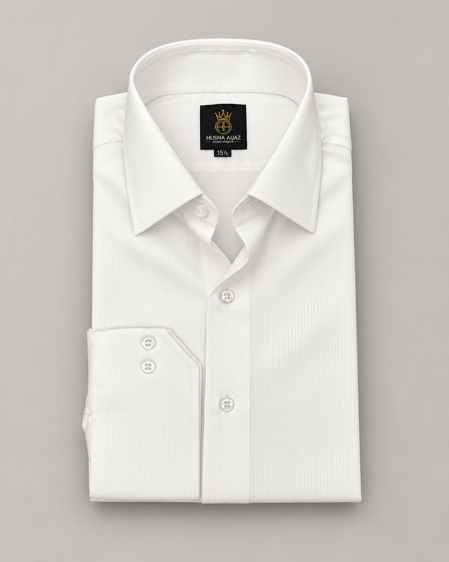 HUSNA AIJAZ Royal Herringbone Stripe white formal shirt – front view