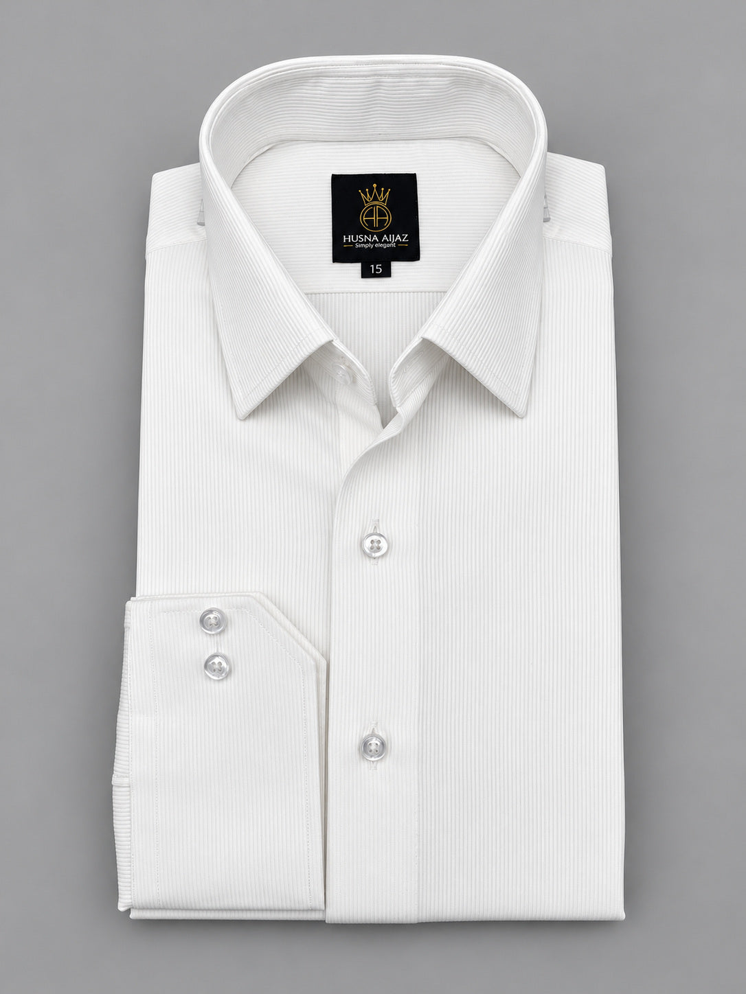 HUSNA AIJAZ Self Striped Dobby Cord white formal shirt – front view