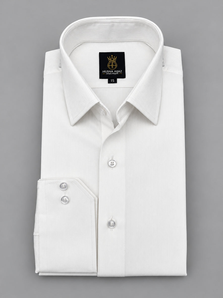 HUSNA AIJAZ Self Striped Dobby Cord white formal shirt – front view