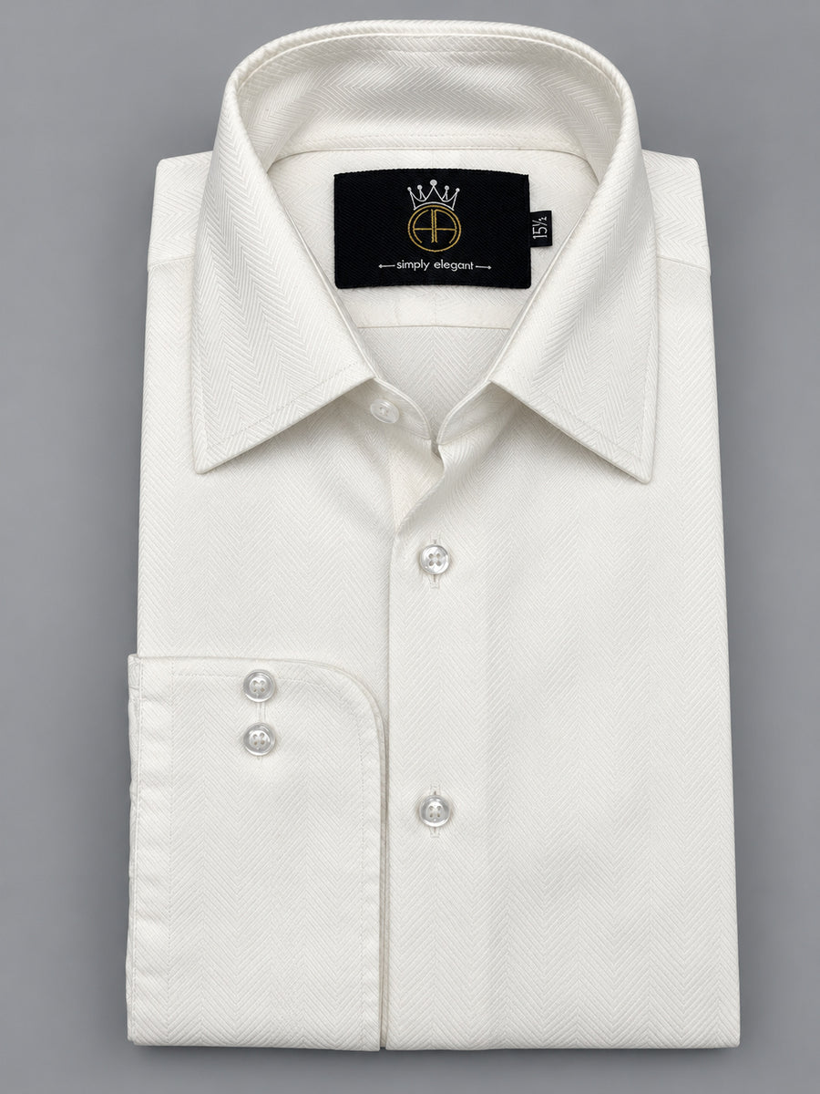 HUSNA AIJAZ Self Weave Herringbone white formal shirt – front view