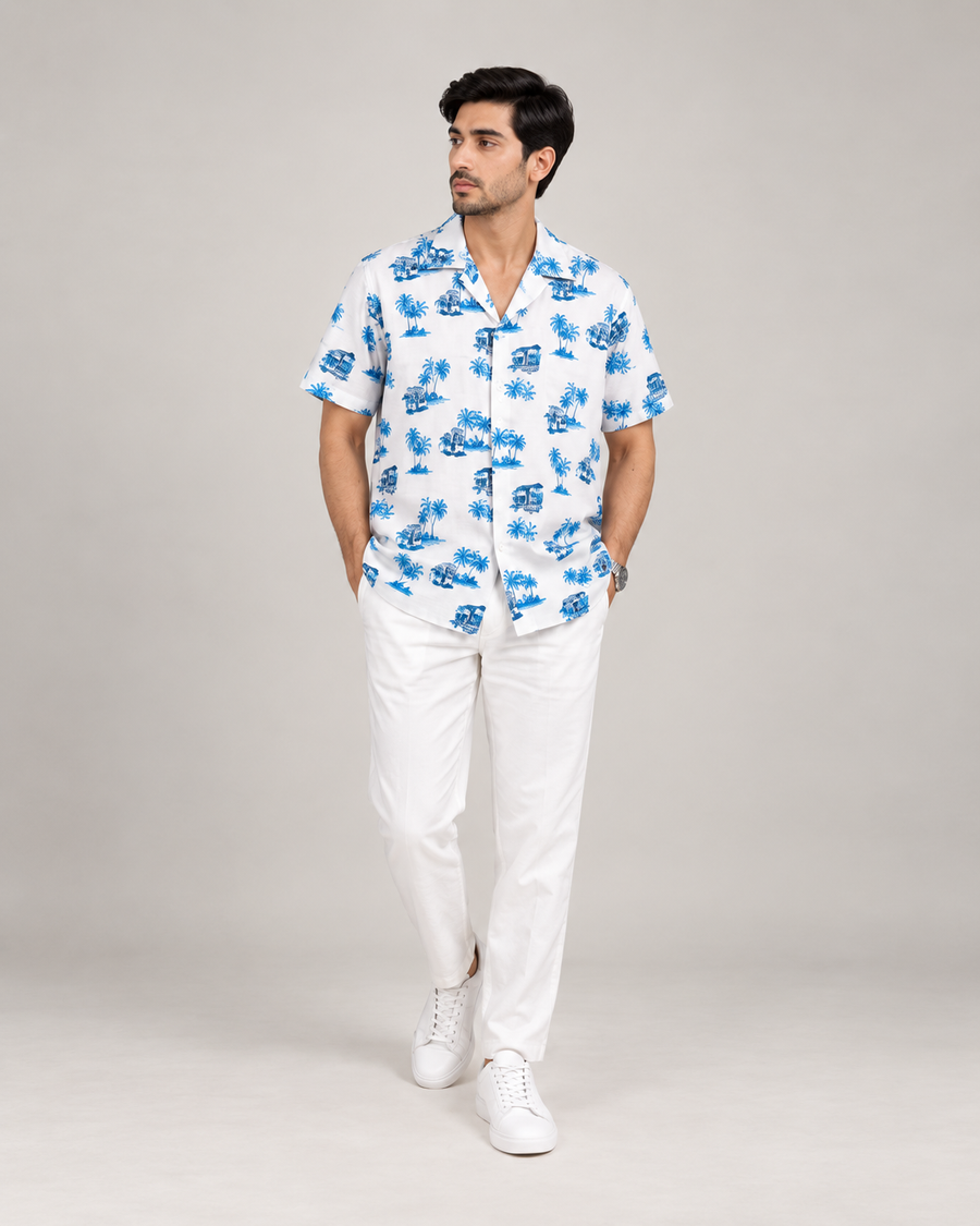 White Beach Print Casual Shirt — full-body 4:5 product image